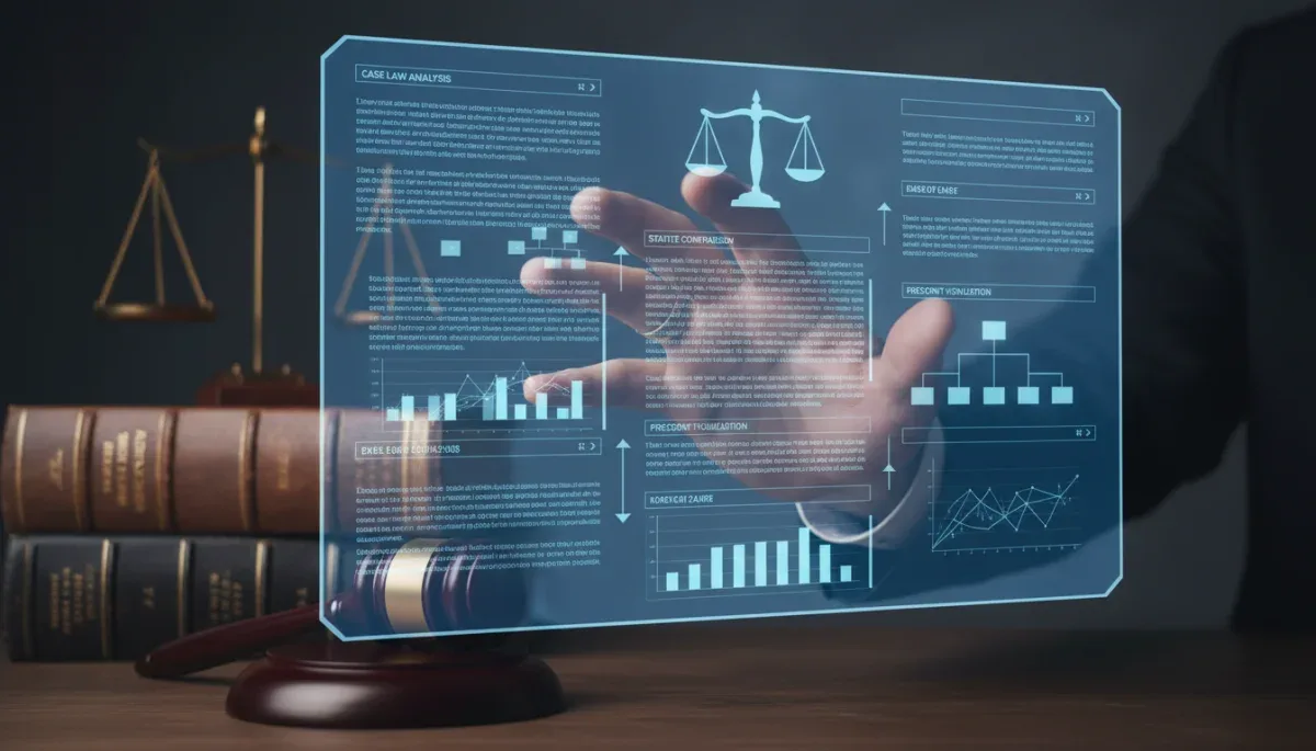Mano interactuando con pantalla holográfica mostrando documentos legales y datos, simbolizando la gestión digital de expedientes.