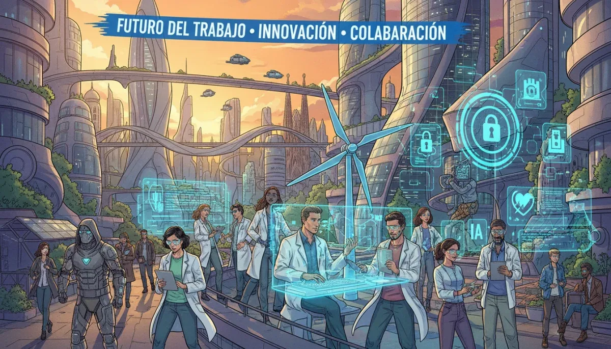 Profesionales diversos en sectores emergentes como IA y energía renovable en España 2026