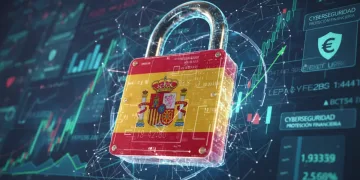 Candado digital con bandera española simbolizando ciberseguridad financiera en España