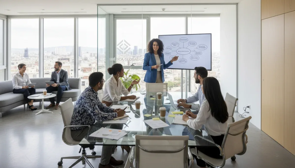 Equipo directivo diverso colaborando activamente en una sala de reuniones de una empresa española.