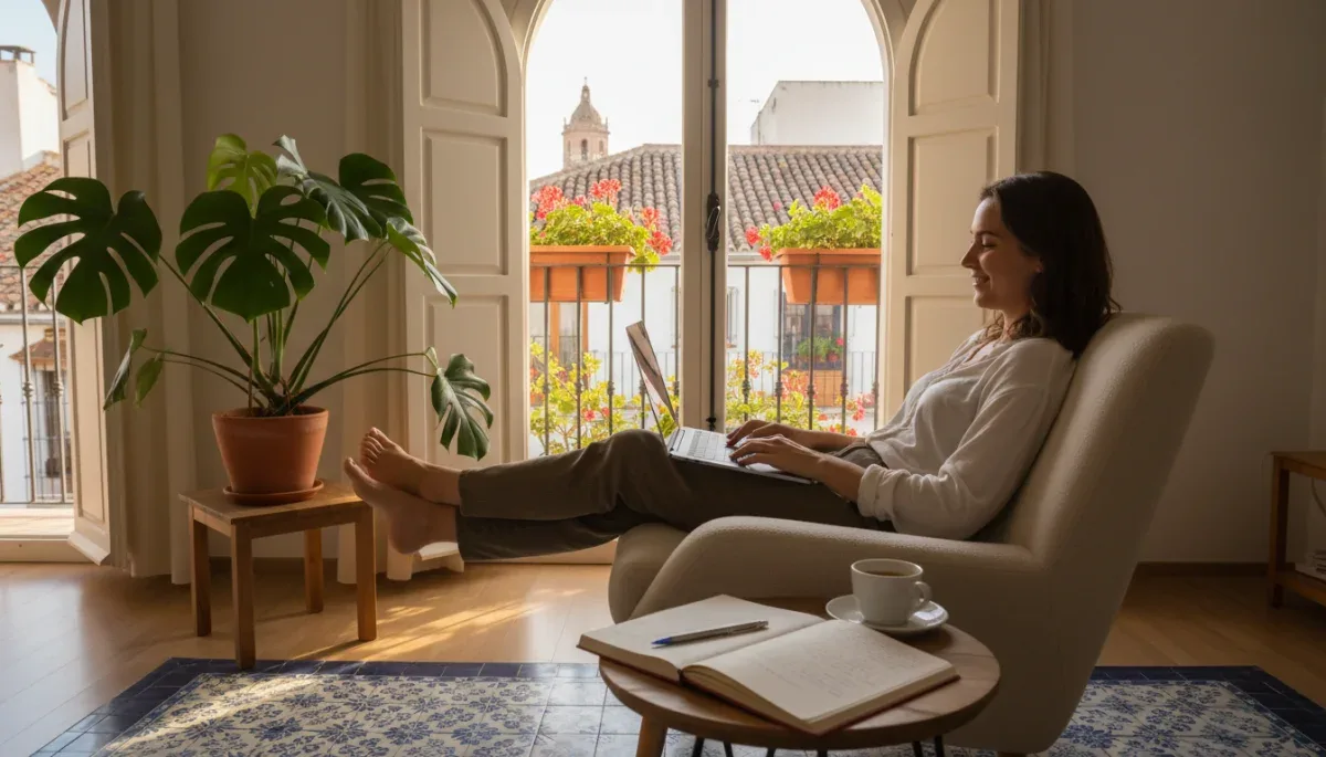 Mujer sonriente trabajando remotamente en un entorno equilibrado en España, combinando eficiencia laboral con bienestar personal.