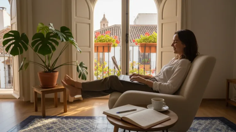 Mujer sonriente trabajando remotamente en un entorno equilibrado en España, combinando eficiencia laboral con bienestar personal.