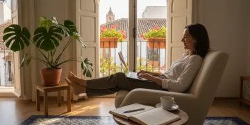 Mujer sonriente trabajando remotamente en un entorno equilibrado en España, combinando eficiencia laboral con bienestar personal.