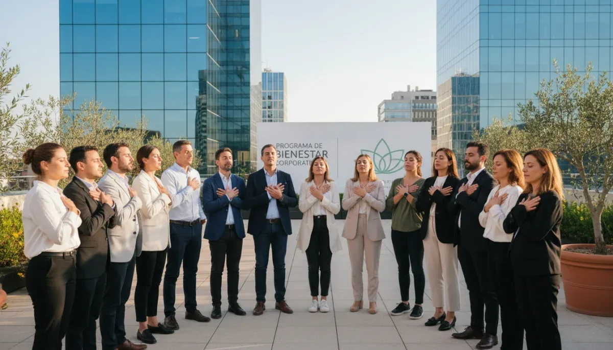 Grupo de profesionales españoles participando en una actividad de bienestar corporativo para mejorar el equilibrio personal y laboral.