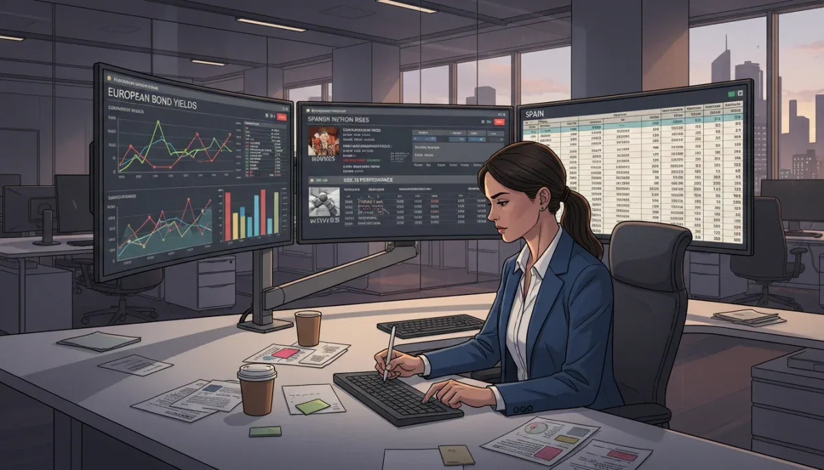 Analista financiero examinando datos del mercado de bonos y la economía española para 2026.