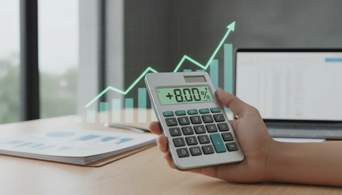 Calculadora mostrando un 8% de aumento salarial con gráficos de crecimiento