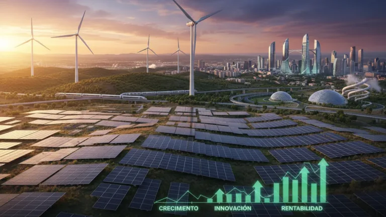 Panorama de inversión en energías renovables en España para 2026, mostrando paneles solares y aerogeneradores en un paisaje moderno.