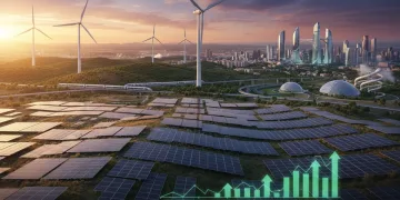 Panorama de inversión en energías renovables en España para 2026, mostrando paneles solares y aerogeneradores en un paisaje moderno.