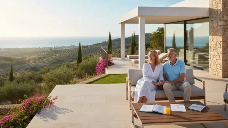 Pareja disfrutando de su jubilación en una casa moderna con vistas al paisaje español, simbolizando un futuro financiero seguro y planificado.
