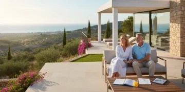 Pareja disfrutando de su jubilación en una casa moderna con vistas al paisaje español, simbolizando un futuro financiero seguro y planificado.