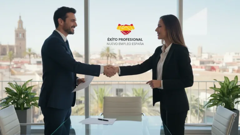 Profesionales estrechando manos en una oficina moderna, simbolizando éxito en la contratación en España.