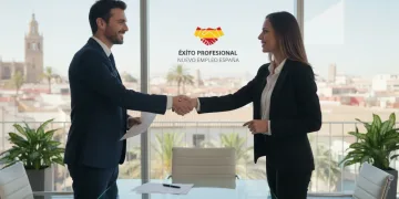 Profesionales estrechando manos en una oficina moderna, simbolizando éxito en la contratación en España.