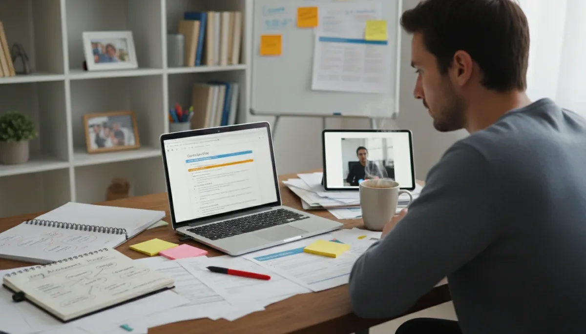 Persona concentrada revisando su CV en un portátil, preparándose para una entrevista de trabajo.