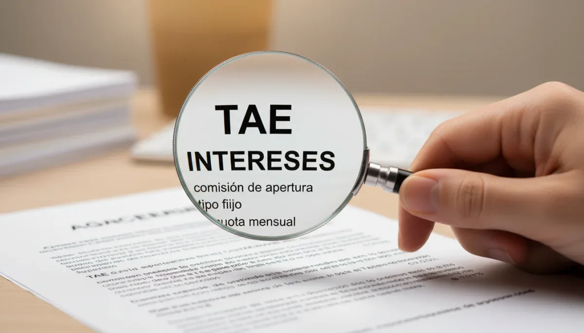 Lupa sobre documento de condiciones de préstamo, resaltando el TAE