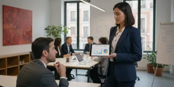 Mujer profesional presentando resultados en una evaluación de desempeño en una oficina moderna en España.