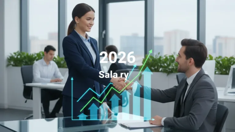 Mujer profesional negociando un aumento salarial en una oficina moderna, con gráficos de tendencias salariales de 2026 de fondo.