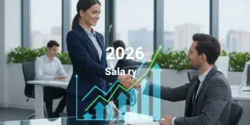Mujer profesional negociando un aumento salarial en una oficina moderna, con gráficos de tendencias salariales de 2026 de fondo.