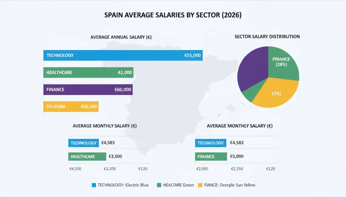 Infografía detallada de salarios medios por sector en España para el año 2026.