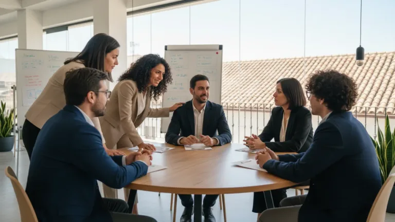 Profesionales españoles colaborando con inteligencia emocional en un entorno de trabajo moderno