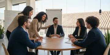 Profesionales españoles colaborando con inteligencia emocional en un entorno de trabajo moderno