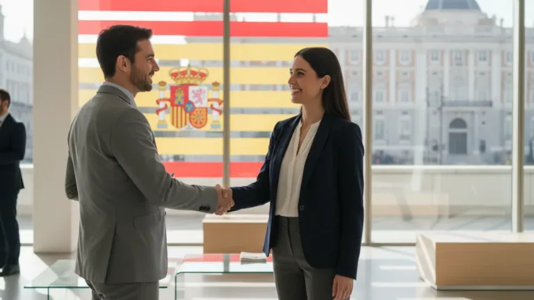Candidato sonriente estrechando la mano de un reclutador en una entrevista de trabajo exitosa en España.