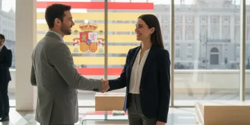 Candidato sonriente estrechando la mano de un reclutador en una entrevista de trabajo exitosa en España.