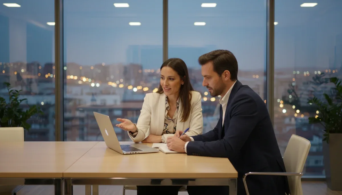 Mentor y aprendiz en una sesión de mentoría profesional en España, analizando estrategias de carrera en un entorno moderno.