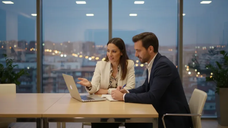 Mentor y aprendiz en una sesión de mentoría profesional en España, analizando estrategias de carrera en un entorno moderno.