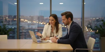 Mentor y aprendiz en una sesión de mentoría profesional en España, analizando estrategias de carrera en un entorno moderno.