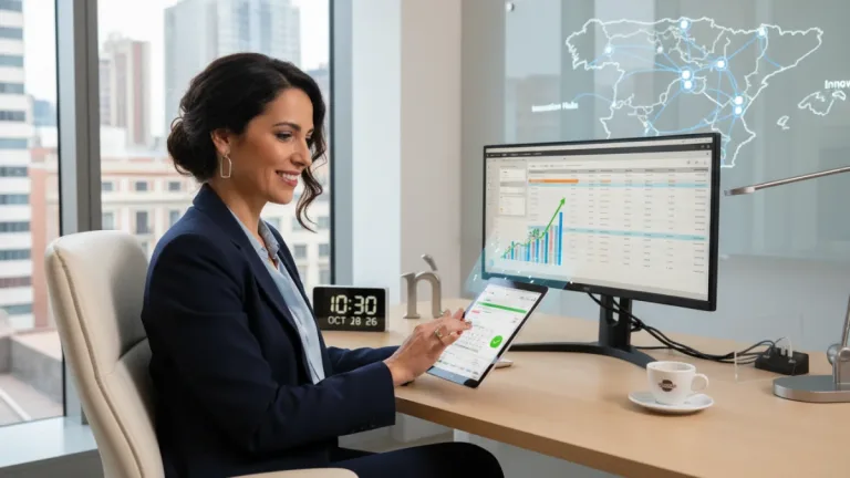 Mujer profesional española gestionando el tiempo y la productividad laboral en una oficina moderna.