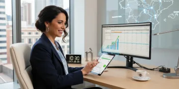 Mujer profesional española gestionando el tiempo y la productividad laboral en una oficina moderna.