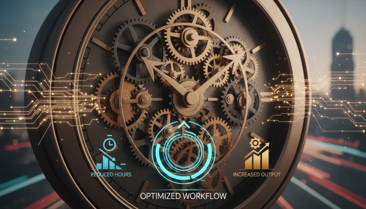 Ilustración de un reloj con engranajes, representando la optimización del tiempo y la jornada laboral.