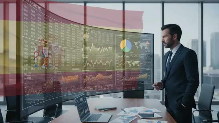 Ejecutivo español analizando gráficos de divisas para minimizar el riesgo cambiario de su empresa en 2026.