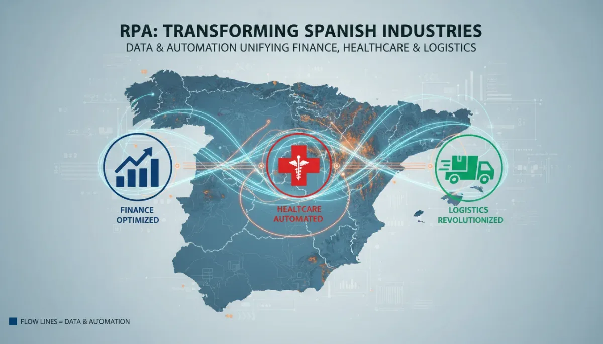 Infografía de sectores clave (finanzas, sanidad, logística) en España, ilustrando la interconexión con la automatización robótica de procesos (RPA).