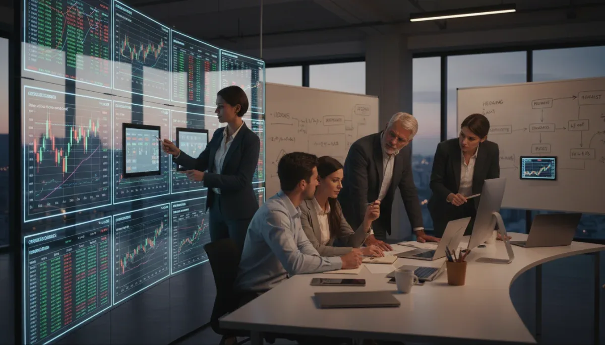 Inversores analizando datos financieros y estrategias de derivados