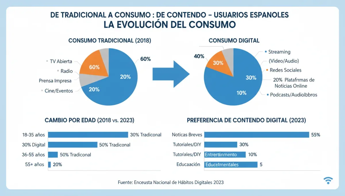 Infografía detallada sobre el cambio de hábitos de consumo de contenido en España, mostrando la migración hacia plataformas digitales.
