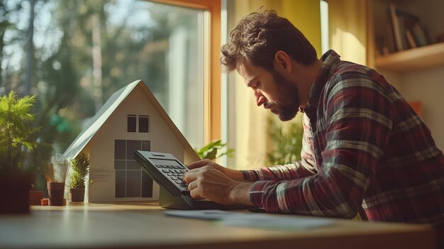 A person looking at a house for sale sign with a calculator in their hand, symbolizing the financial considerations of buying a home in a rising interest rate environment.