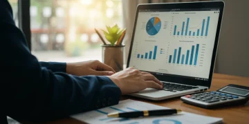 Person analyzing 401(k) matching benefits and investment data on a laptop