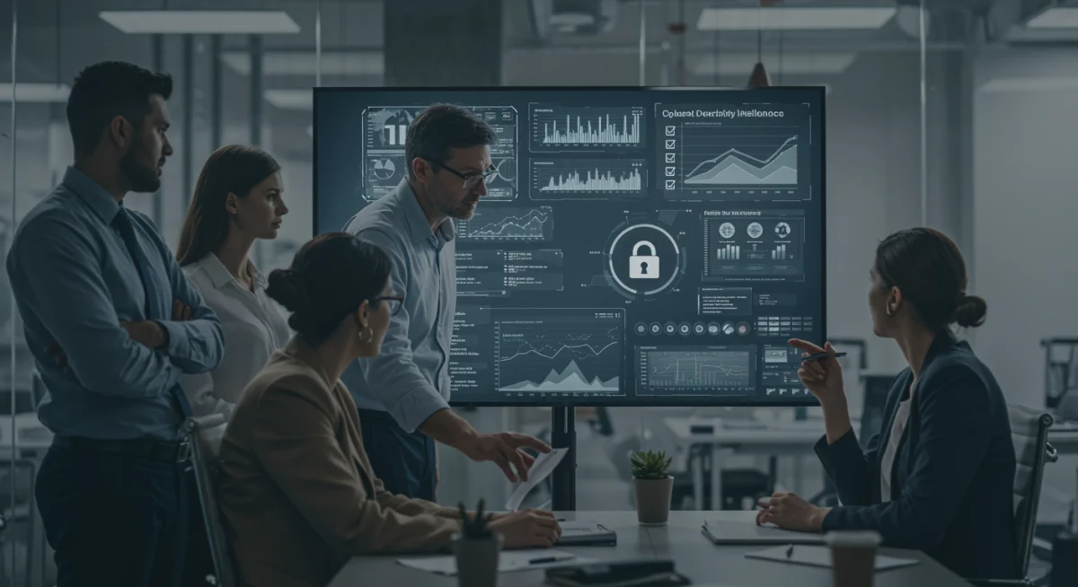 Business team reviewing cybersecurity compliance and threat intelligence on a large screen.