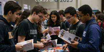 High school students at a college fair preparing for 2025 admissions