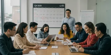 Employees reviewing 2025 employer-sponsored health benefits plan documents and discussing options in a modern office setting.