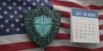 Shield with circuit board pattern representing federal cybersecurity mandates for U.S. businesses in Q1 2025.