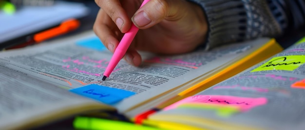 A close-up shot of a student's hands highlighting key points in a textbook with multicolored highlighters, emphasizing active reading and focused studying.