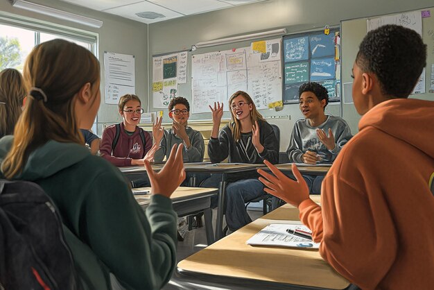 A group of high school students participating in a classroom discussion. The teacher is facilitating the conversation, and the students are engaged, raising their hands, and making eye contact with one another. The classroom is bright and well-equipped with technology, including a smartboard and individual laptops for each student.
