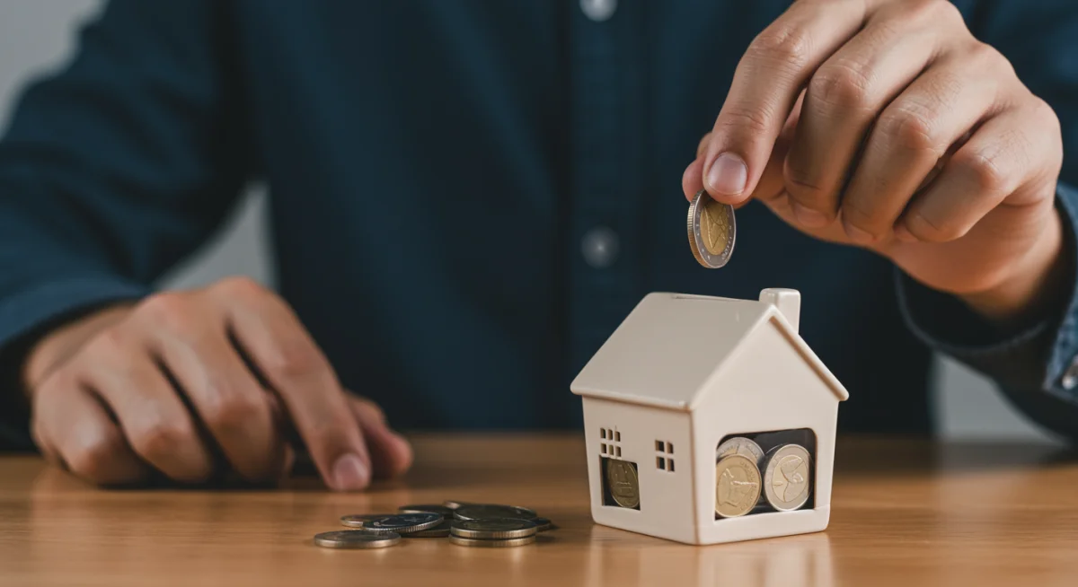 Hand putting coin into piggy bank, illustrating retirement savings