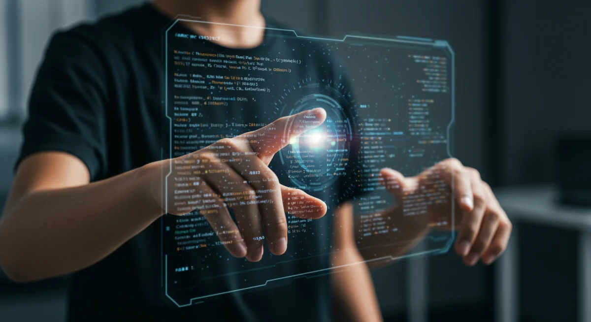 Student interacting with holographic interface displaying code in STEM education
