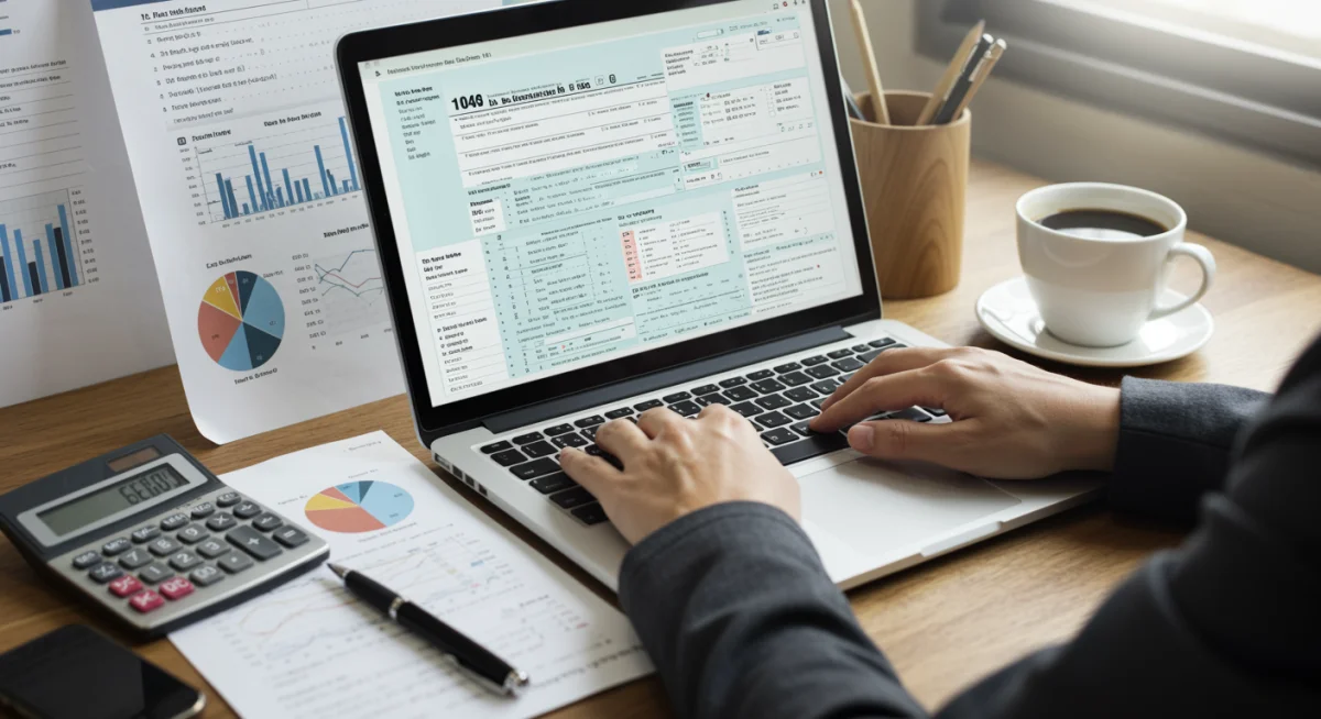 Individual analyzing tax forms and financial data on a laptop, demonstrating tax planning.