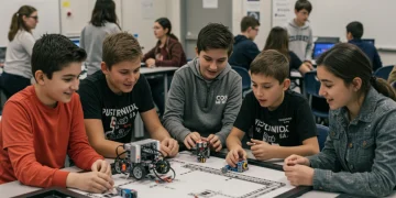 US students engaged in robotics and 3D printing in a modern STEM classroom
