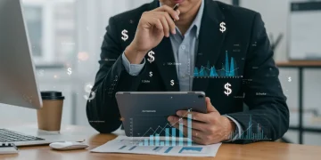 Office worker analyzing new tax laws and financial data on a tablet