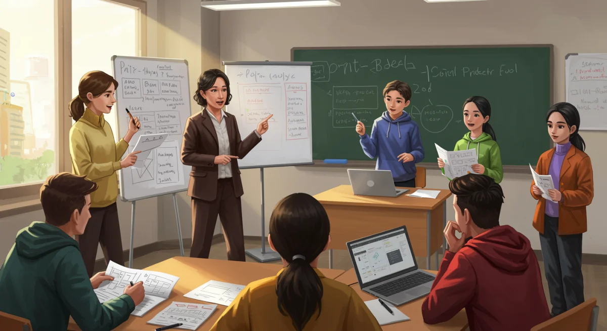 Teacher guiding students through project-based learning presentation, highlighting active assessment.